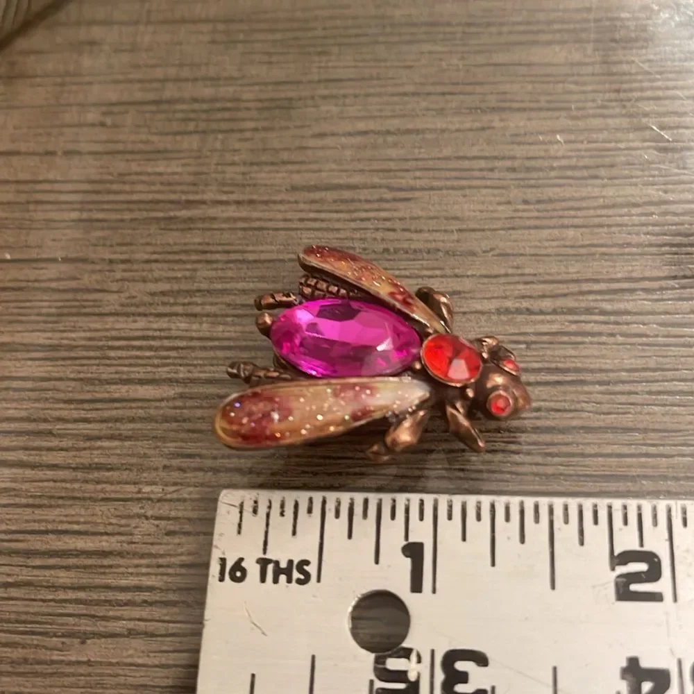 Vintage LAILA ROWE Bee - Insect - Bug Brooch Pink, & Red Rhinestones, Enamel